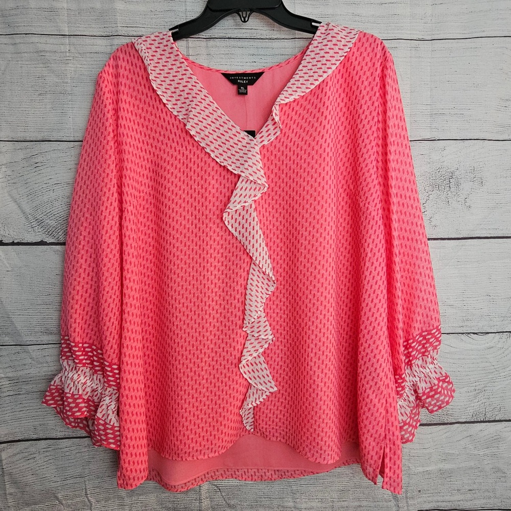 Investments XL Riley Pink Dash Textured Ruffle V-Neck Long Sleeve Shirt 1330